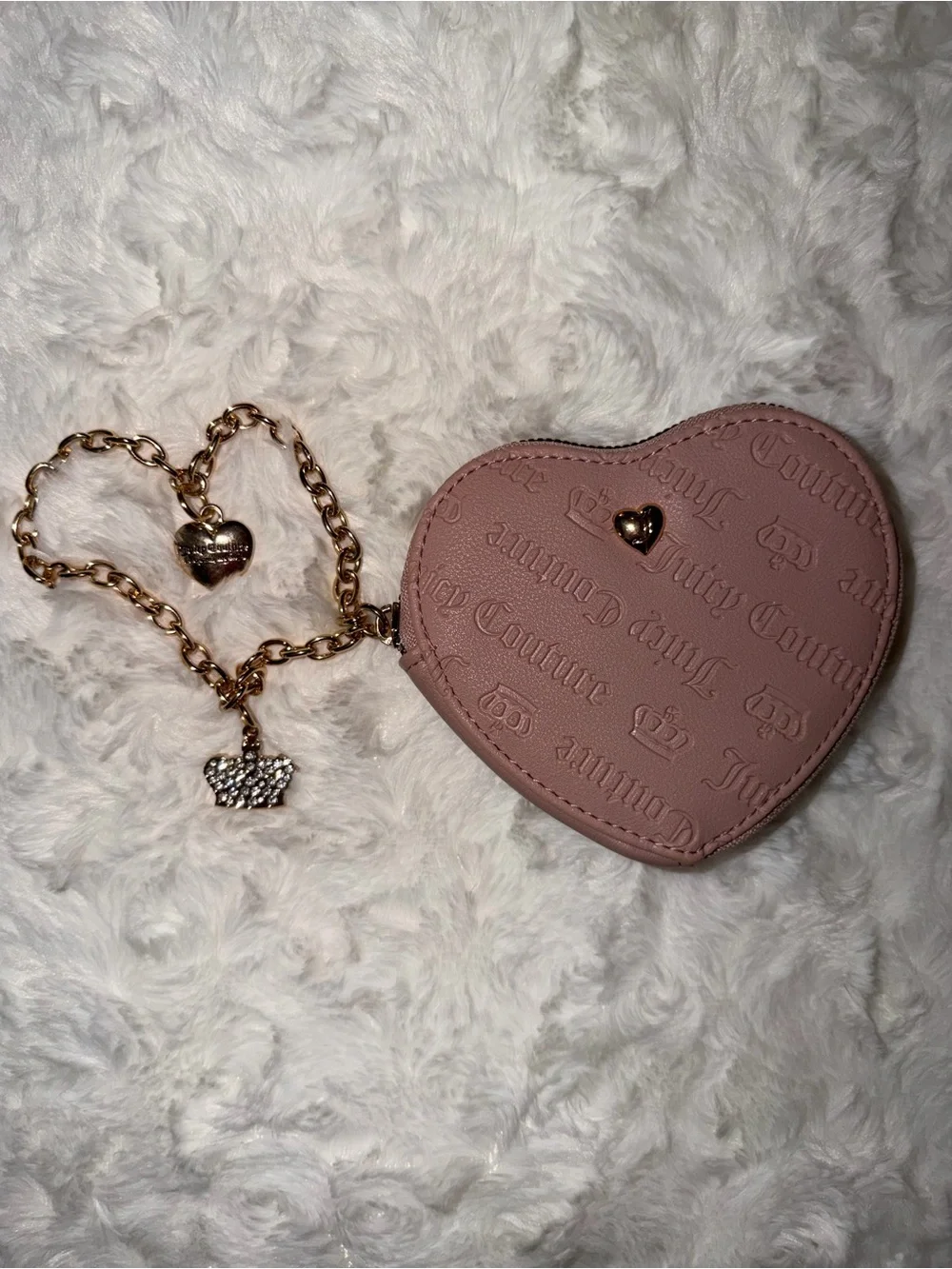 Juicy Couture Blush Pink Heart Coin Purse with Gold Charm Chain